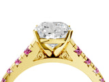 Yellow gold Cushion Cut Diamond Cathedral Solitaire Ring with Round with Pink Sapphire side stone Pavé Band_16
