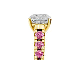Yellow gold Cushion Cut Diamond Cathedral Solitaire Ring with Round with Pink Sapphire side stone Pavé Band_17