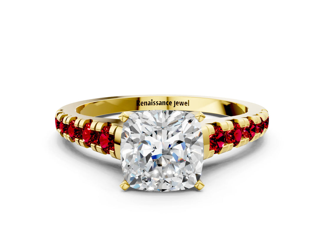 Yellow gold Cushion Cut Diamond Cathedral Solitaire Ring with Round with Ruby side stone Pavé Band_48