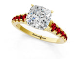 Yellow gold Cushion Cut Diamond Cathedral Solitaire Ring with Round with Ruby side stone Pavé Band_49