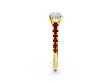 Yellow gold Cushion Cut Diamond Cathedral Solitaire Ring with Round with Ruby side stone Pavé Band_50