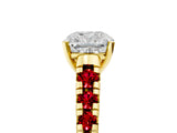 Yellow gold Cushion Cut Diamond Cathedral Solitaire Ring with Round with Ruby side stone Pavé Band_53