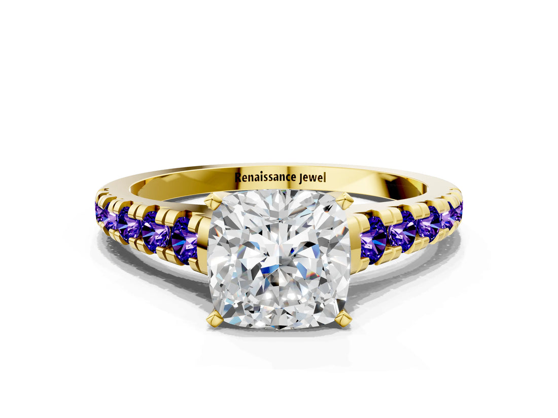 Yellow gold Cushion Cut Diamond Cathedral Solitaire Ring with Round with Tanzanite side stone Pavé Band