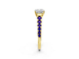 Yellow gold Cushion Cut Diamond Cathedral Solitaire Ring with Round with Tanzanite side stone Pavé Band_2