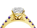 Yellow gold Cushion Cut Diamond Cathedral Solitaire Ring with Round with Tanzanite side stone Pavé Band_4
