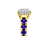 Yellow gold Cushion Cut Diamond Cathedral Solitaire Ring with Round with Tanzanite side stone Pavé Band_5