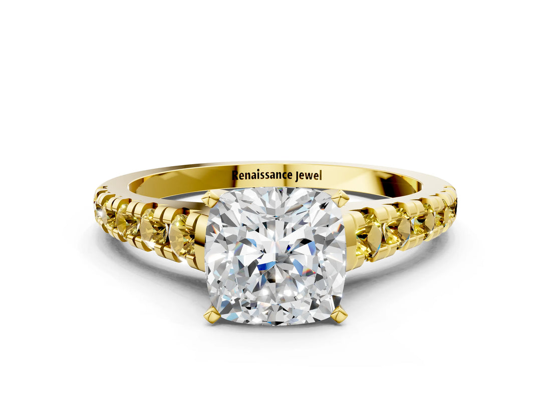 Yellow gold Cushion Cut Diamond Cathedral Solitaire Ring with Round with Yellow Sapphire side stone Pavé Band_36