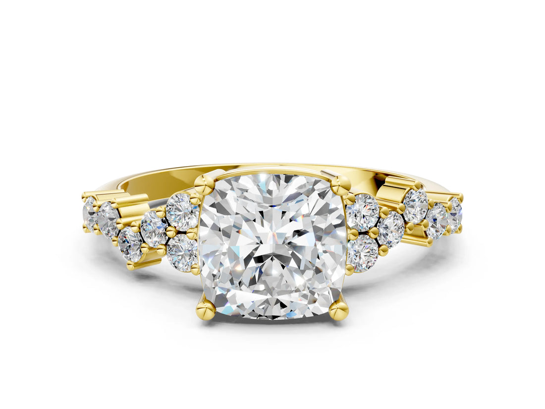 Yellow gold Cushion Cut Diamond Cluster Pavé Band with Four-Prong Setting_3