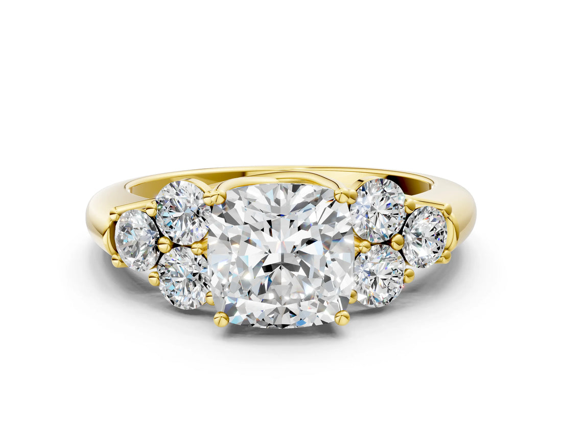 Yellow gold Cushion Cut Diamond Cluster Ring with Round Accent Stones and Prong Setting on a Classic Band_54