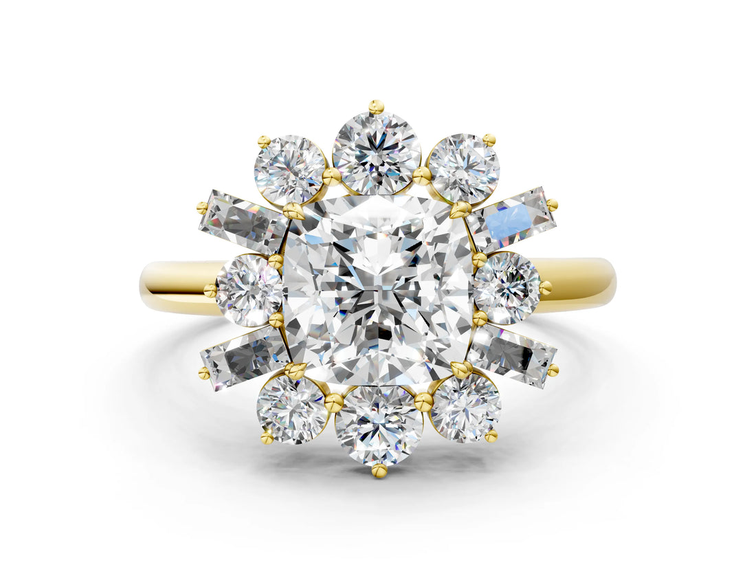 Yellow gold Cushion Cut Diamond Cluster Ring with Round and Baguette Stones, Split Shank Band, Prong Setting_15