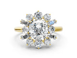 Yellow gold Cushion Cut Diamond Cluster Ring with Round and Baguette Stones, Split Shank Band, Prong Setting_15