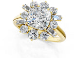 Yellow gold Cushion Cut Diamond Cluster Ring with Round and Baguette Stones, Split Shank Band, Prong Setting_16