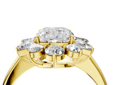 Yellow gold Cushion Cut Diamond Cluster Ring with Round and Baguette Stones, Split Shank Band, Prong Setting_19