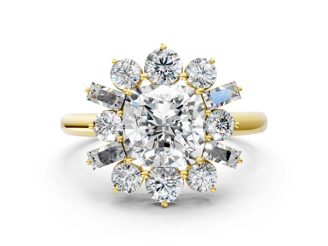 Yellow gold Cushion Cut Diamond Cluster Ring with Round and Baguette Stones, Split Shank Band, Prong Setting_3