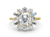 Yellow gold Cushion Cut Diamond Cluster Ring with Round and Baguette Stones, Split Shank Band, Prong Setting_3