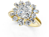 Yellow gold Cushion Cut Diamond Cluster Ring with Round and Baguette Stones, Split Shank Band, Prong Setting_4