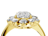 Yellow gold Cushion Cut Diamond Cluster Ring with Round and Baguette Stones, Split Shank Band, Prong Setting_7
