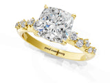 Yellow gold Cushion Cut Diamond Cluster Side Stone Solitaire Ring with Prong Setting_64