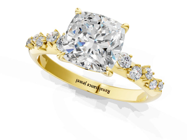 Yellow gold Cushion Cut Diamond Cluster Side Stone Solitaire Ring with Prong Setting