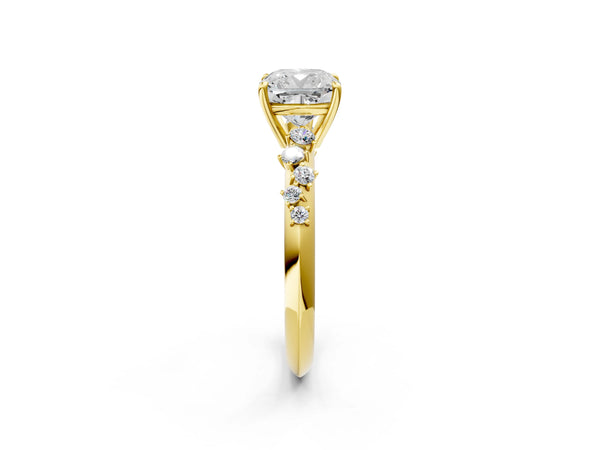 Yellow gold Cushion Cut Diamond Cluster Side Stone Solitaire Ring with Prong Setting