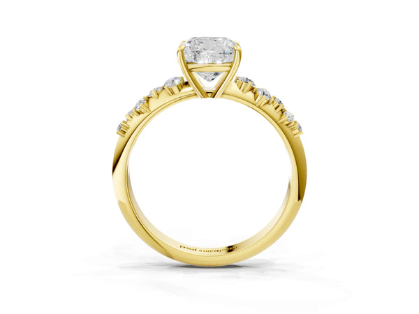 Yellow gold Cushion Cut Diamond Cluster Side Stone Solitaire Ring with Prong Setting