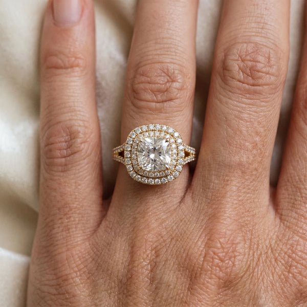 Yellow Gold Cushion Cut Stacked Double Halo Engagement Ring Setting