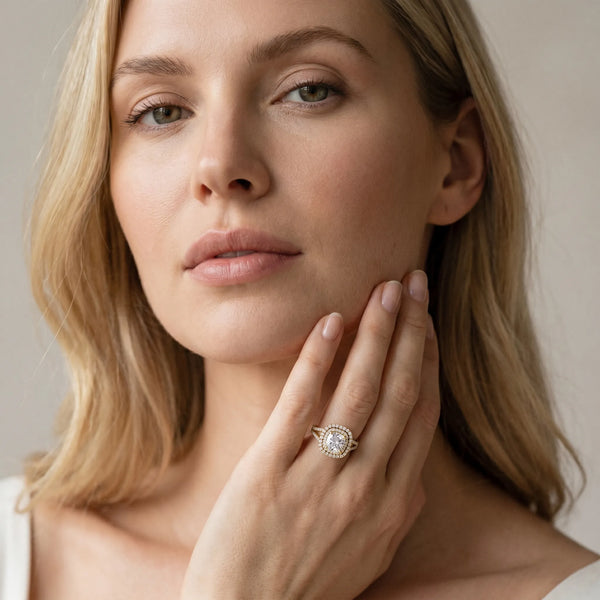 Yellow Gold Cushion Cut Stacked Double Halo Engagement Ring Setting