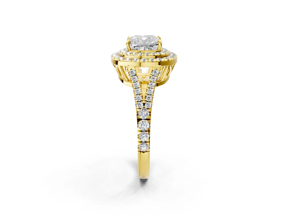 Yellow gold Cushion Cut Diamond Double Halo Ring with Pavé Band and Prong Setting_89