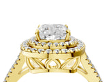 Yellow gold Cushion Cut Diamond Double Halo Ring with Pavé Band and Prong Setting_91
