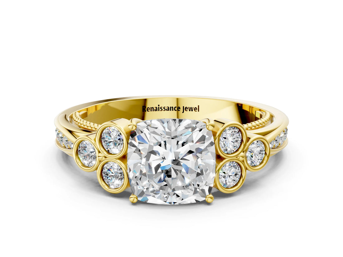 Yellow gold Cushion Cut Diamond Engagement Ring with Bezel Set Round Side Stones and Prong Setting_59