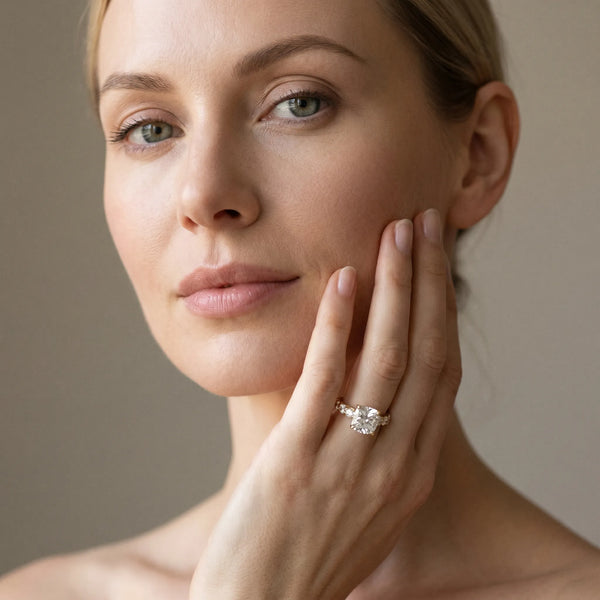 Yellow gold Cushion Cut Diamond Engagement Ring with Pavé Band and Four-Prong Setting
