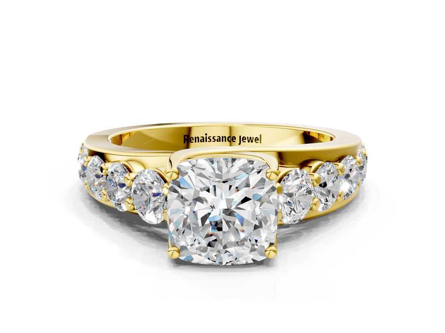 Yellow gold Cushion Cut Diamond Engagement Ring with Pavé Band and Four-Prong Setting