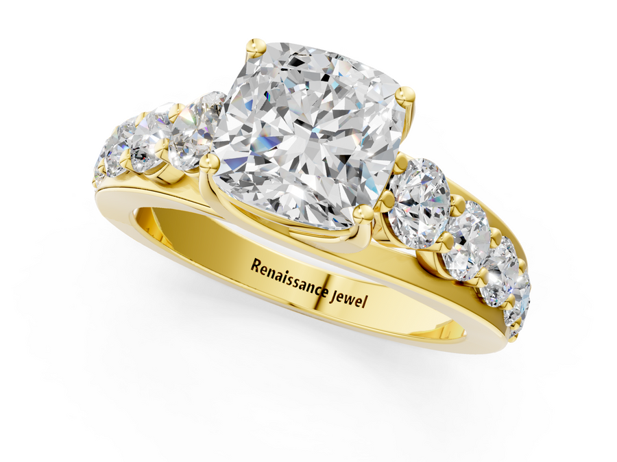 Yellow gold Cushion Cut Diamond Engagement Ring with Pavé Band and Four-Prong Setting
