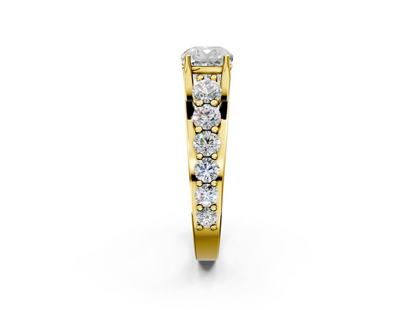 Yellow gold Cushion Cut Diamond Engagement Ring with Pavé Band and Four-Prong Setting