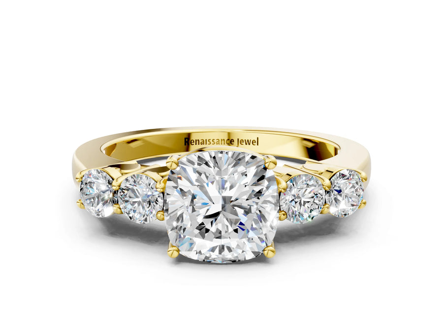 Yellow gold Cushion Cut Diamond Five-Stone Prong Set White Gold Ring