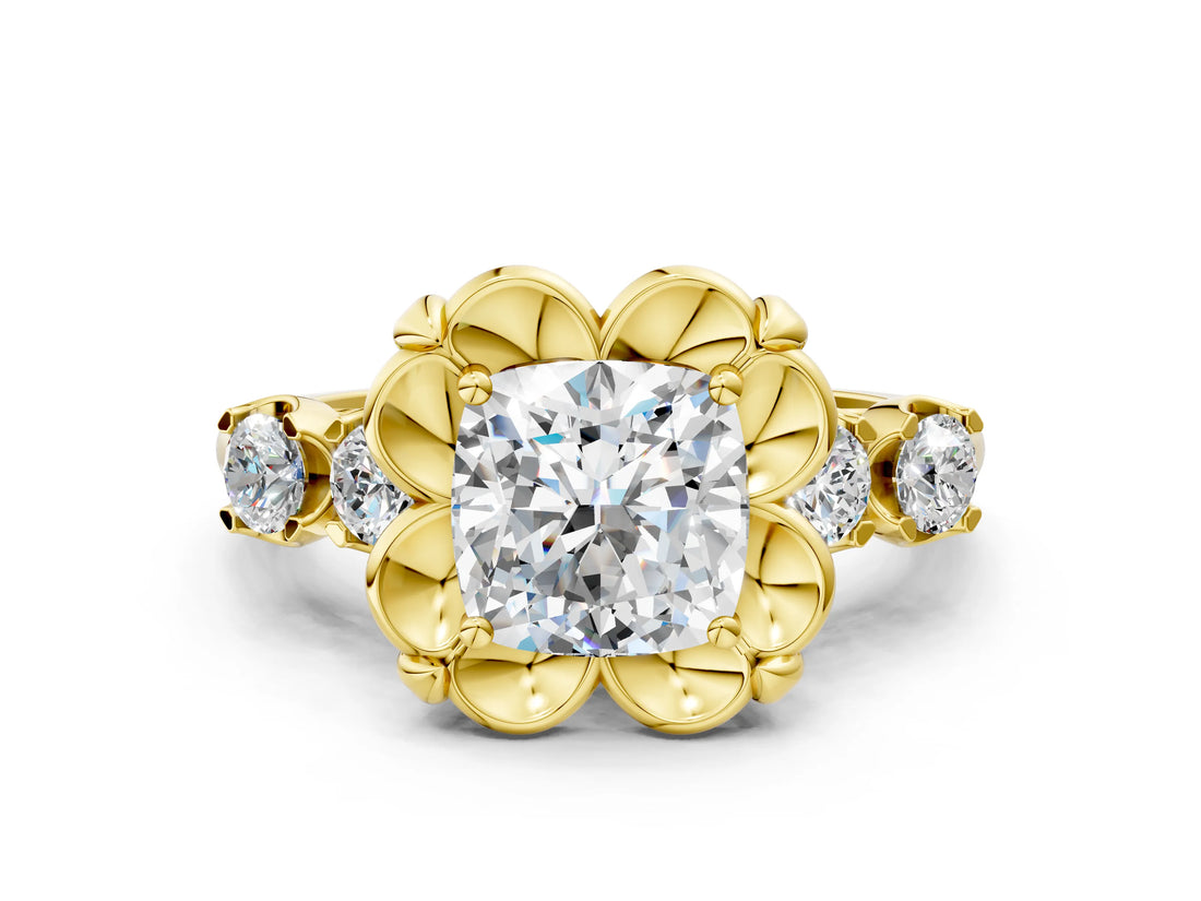 Yellow gold Cushion Cut Diamond Floral Halo Engagement Ring with Shared Prong Setting 1