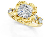 Yellow gold Cushion Cut Diamond Floral Halo Engagement Ring with Shared Prong Setting 2