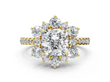 Yellow gold Cushion Cut Diamond Floral Halo Pave Band with Prong Setting_37