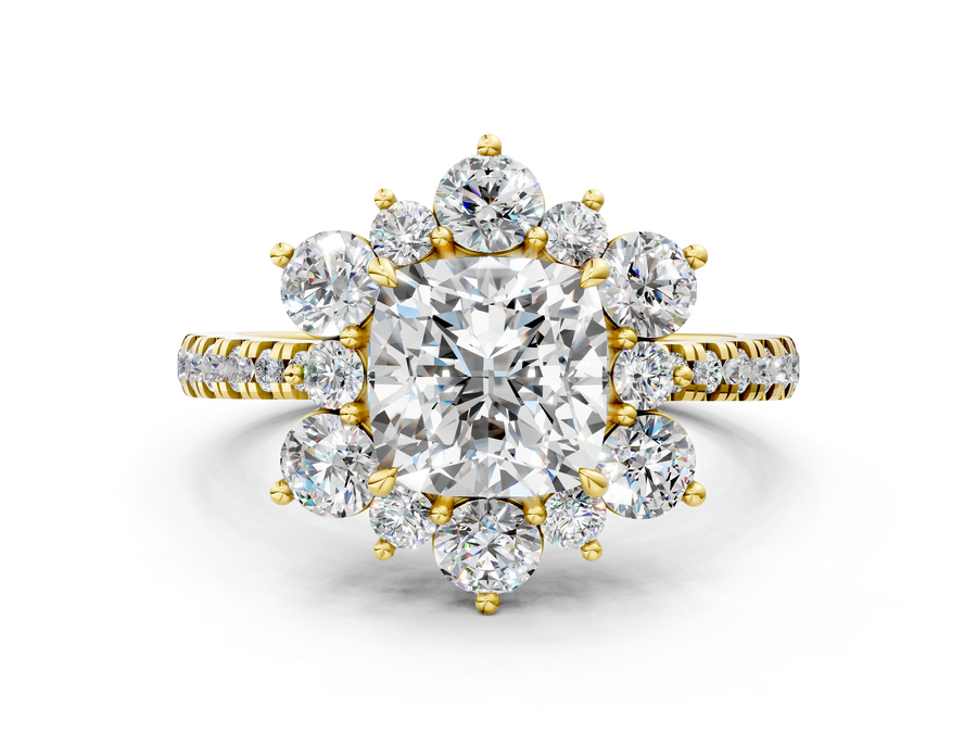 Yellow gold Cushion Cut Diamond Floral Halo Pave Band with Prong Setting