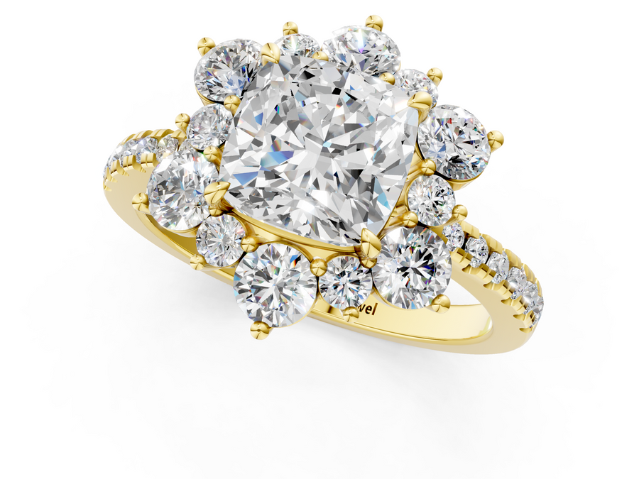Yellow gold Cushion Cut Diamond Floral Halo Pave Band with Prong Setting
