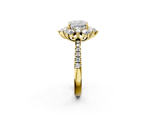 Yellow gold Cushion Cut Diamond Floral Halo Pave Band with Prong Setting