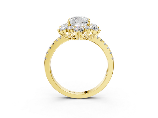 Yellow gold Cushion Cut Diamond Floral Halo Pave Band with Prong Setting