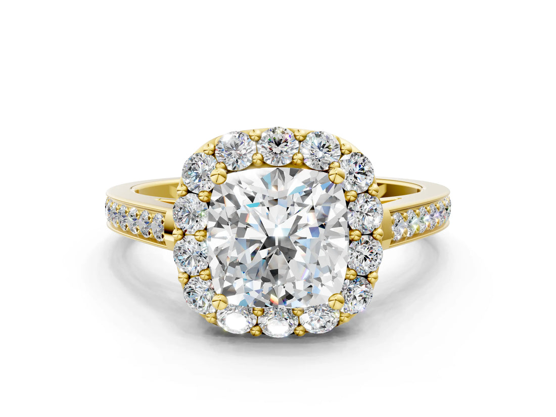 Yellow gold Cushion Cut Diamond Floral Halo Ring with Pavé Band and Prong Setting_3