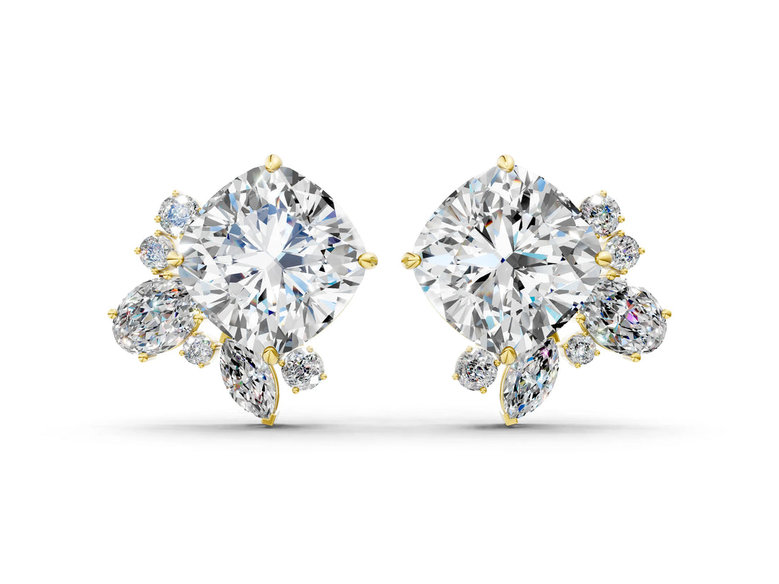 Yellow gold Cushion Cut Diamond Floral Stud Earrings with Multi-Shape Accents_14