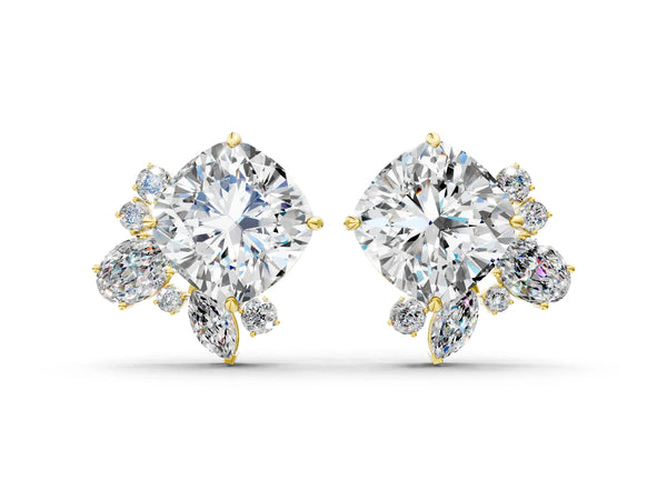 Yellow gold Cushion Cut Diamond Floral Stud Earrings with Multi-Shape Accents