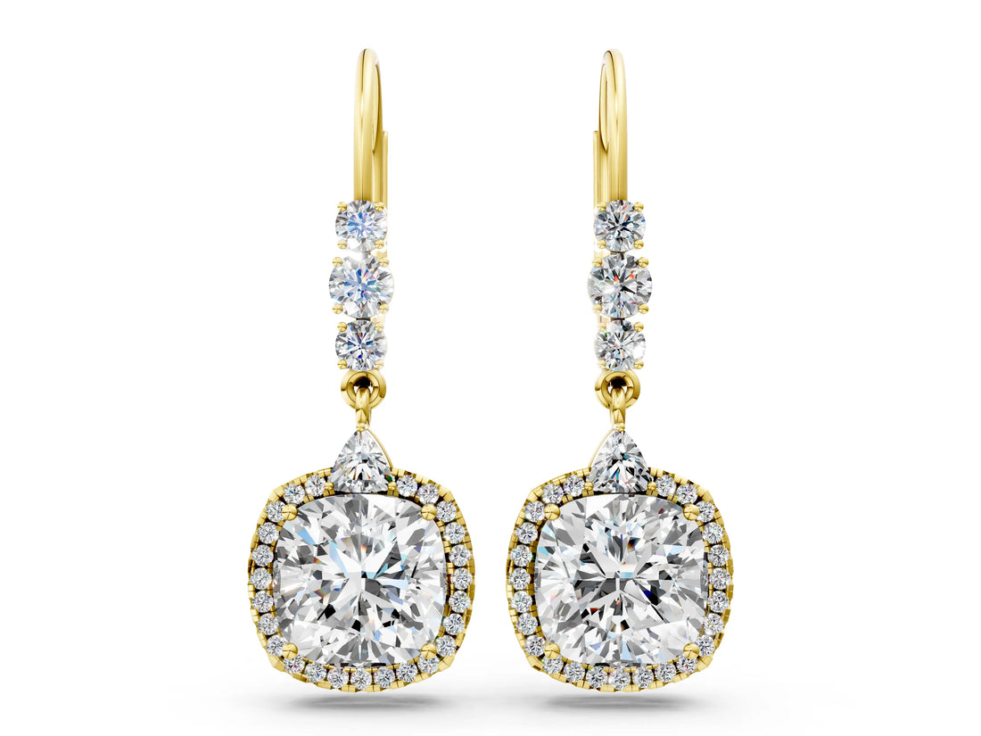 Yellow gold Cushion Cut Diamond Halo Drop Earrings with Multi-Stone Accent_24