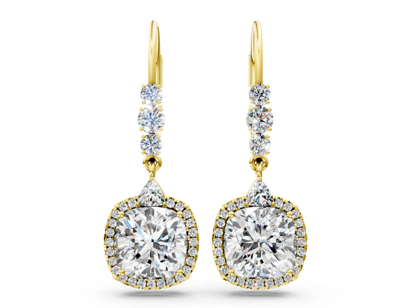Yellow gold Cushion Diamond Drop Earrings with Trillion Diamond Accents and Round Diamond Halo