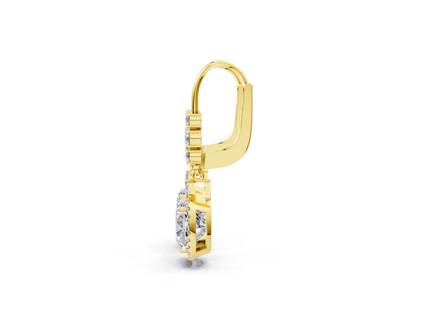 Yellow gold Cushion Diamond Drop Earrings with Trillion Diamond Accents and Round Diamond Halo