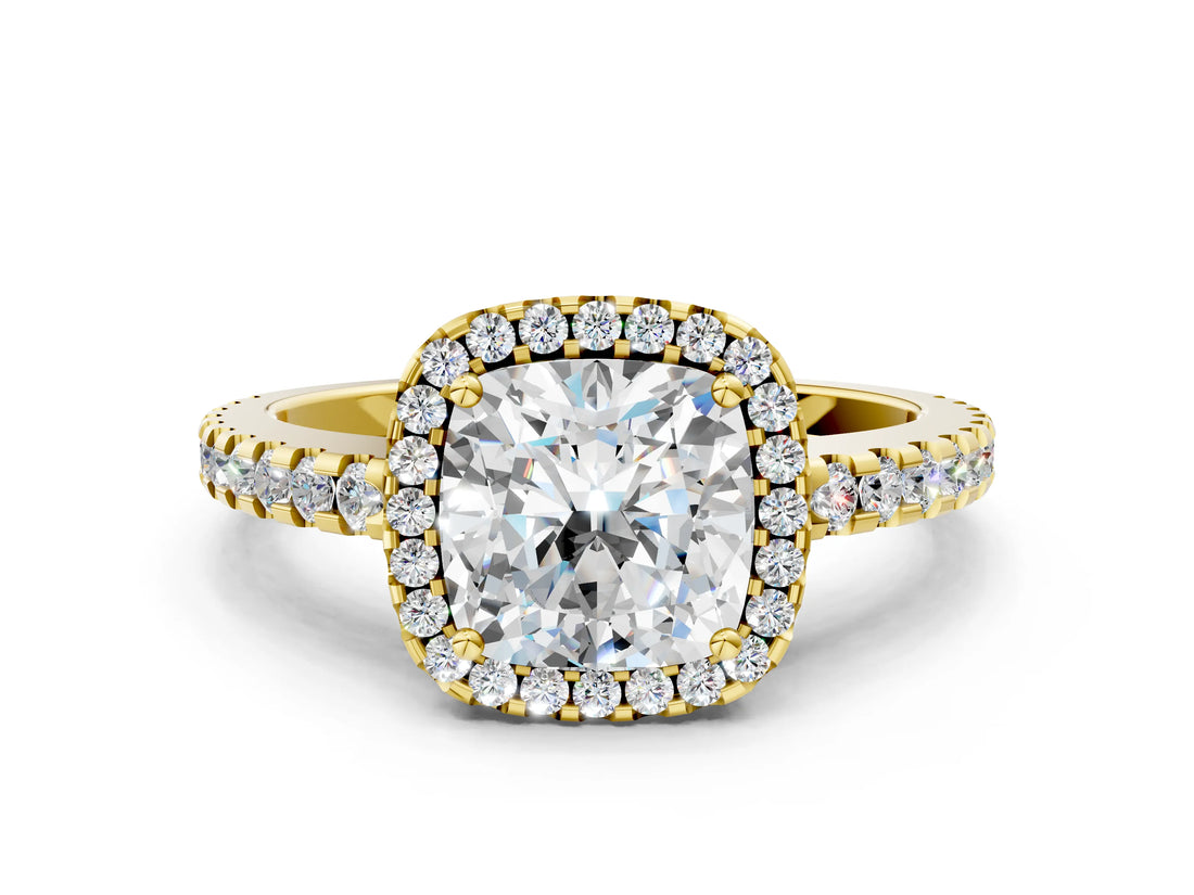 Yellow gold Cushion Cut Diamond Halo Engagement Ring with Pavé Band and Prong Setting_27