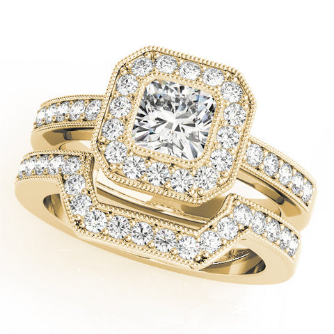 Yellow gold Cushion-Cut Diamond Halo Engagement Ring with Pave Band and Prong Setting 1